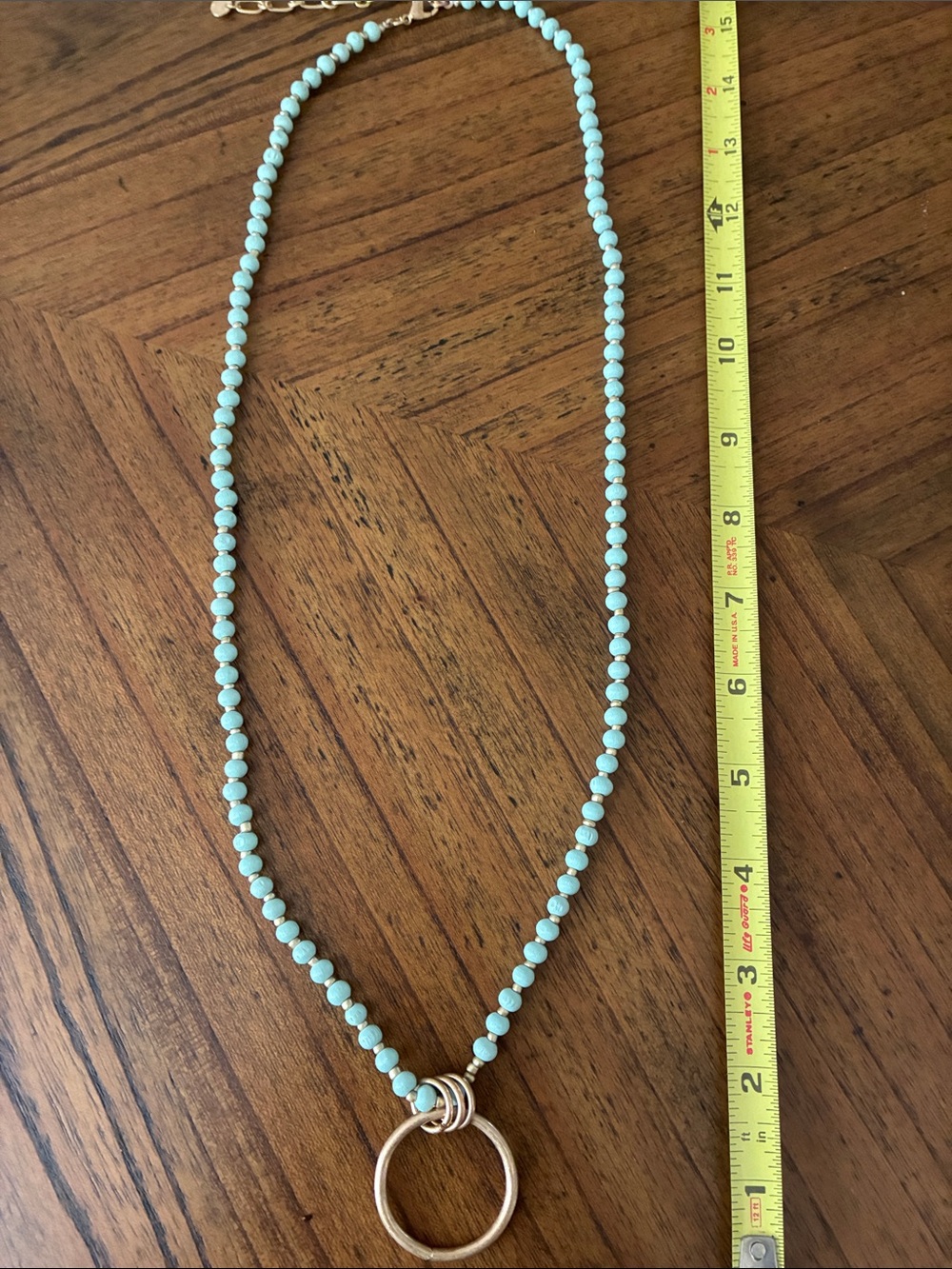 Beaded Turquoise Necklace with Gold Ring Pendant